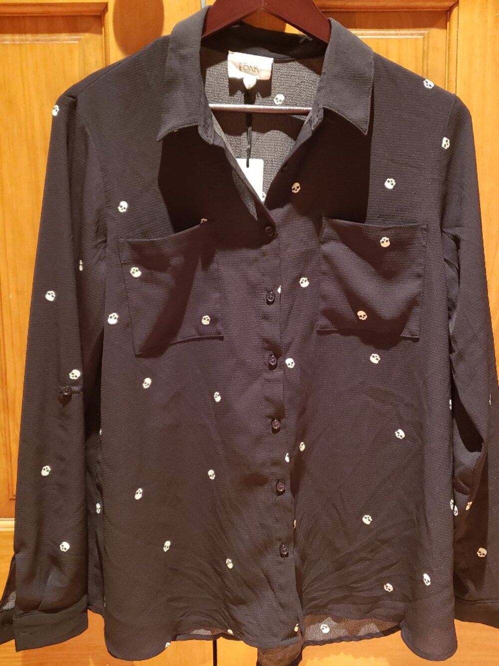 NWT Olive & Oak Black Button Down Shirt Skulls Whimsigoth Women's L Goth Emo